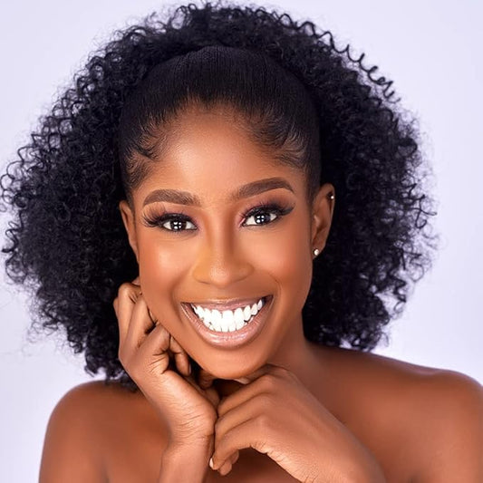 Afro Puff kinky curly Drawstring Ponytail Extension for Black Women Synthetic Short Afro Kinkys Curly Afro Bun Extension Hairpieces Updo Hair Extensions with Two Clips(1B)