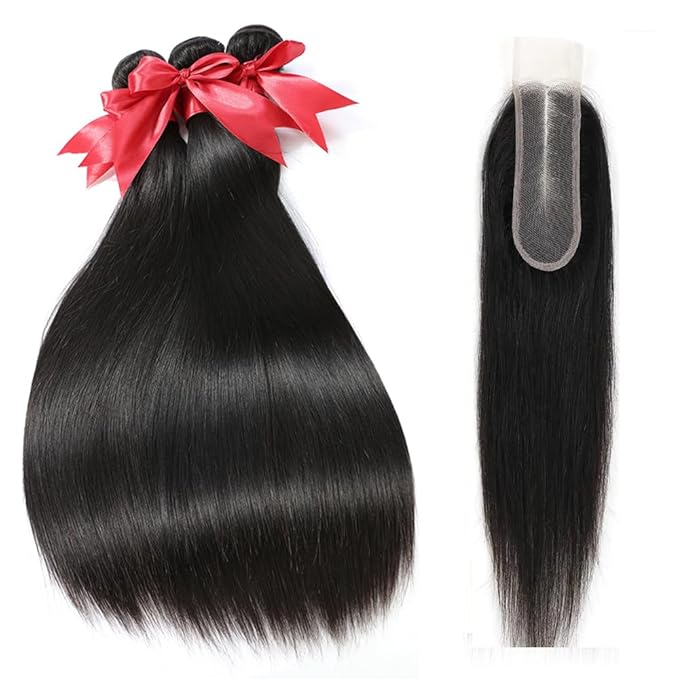 2x6 HD Lace Closure with Bundles Human Hair 10 12 14+10 Inch 12A Brazilian Straight Human Hair Bundles with 2x6 Closure 100% Unprocessed Virgin Weave Hair Extensions