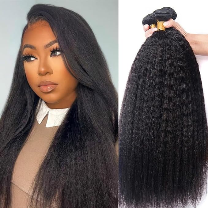 Kinky Straight Bundles Human Hair 12 14 16 Inch Yaki Straight Bundles -3 Pack Real Human Hair 100% Unprocessed Brazilian Hair Extensions Deals Black, Style Keep Texture Silky Soft, Sew-In Installation