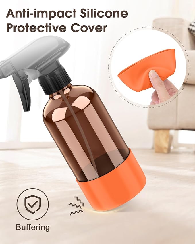 Glass Spray Bottle with Silicone Sleeve Protection, Amber Glass Spray Bottle Set for Window Cleaner Aromatherapy Facial Hydration Watering Flowers Hair Care 2 Pack/8 oz (Black & Orange)