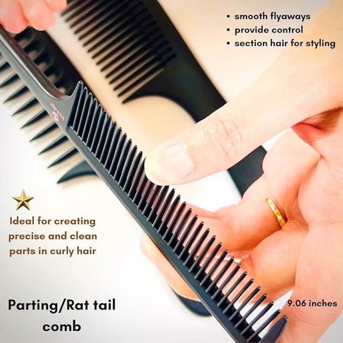 VIVEDGE| Curly Hair Carbon Comb Set | Carbon Fiber Detangler Wide Tooth Parting Combs anti static frizz-free with Premium Acccessories for Styling | Gift for loved ones (Black-Pink)