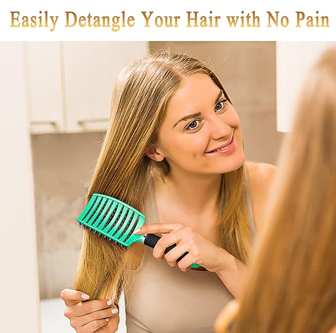 KTKUDY Detangling Brush Boar Bristles Hairbrush Make Hair Shiny & Healthier Curved and Vented Detangler Brush for Women Men Kids Wet & Dry Hair (Light green)