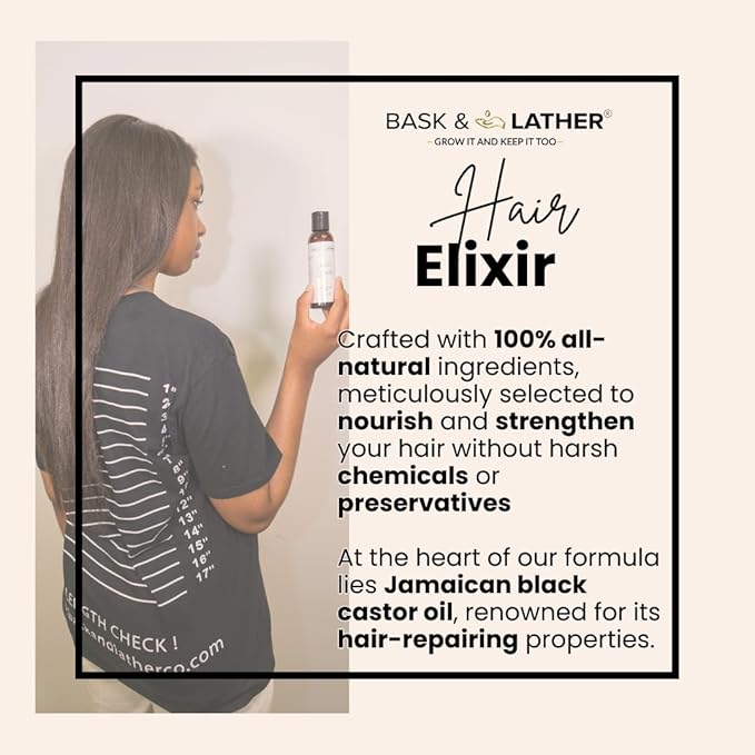 BASK & LATHER Elixir Hair Strengthening Oil, Jamaican Black Castor Oil, For Volume, Thickness, Detangle, De Frizz, Conditions New Hair Growth, 4 fl oz