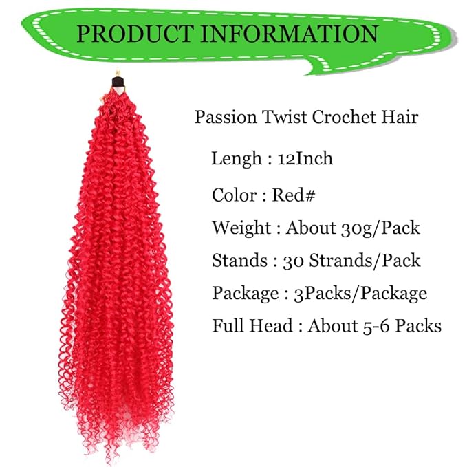 Passion Twist Hair Extensions Red Curly Crochet Hair 12 Inch Short Curly Braiding Hair 3 Packs Crochet Braids with Curls for Black Women(12",Red)