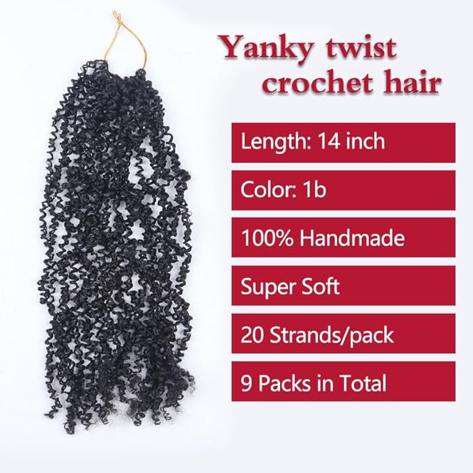Yanky Twist Crochet Hair, PILLUGER Yaki Twists Hair Micro Spring Twist Braids,9 Packs Pre-looped passion Twist Brown Senegalese With Curls Crochet Synthetic Hair Extensions（14-1B）