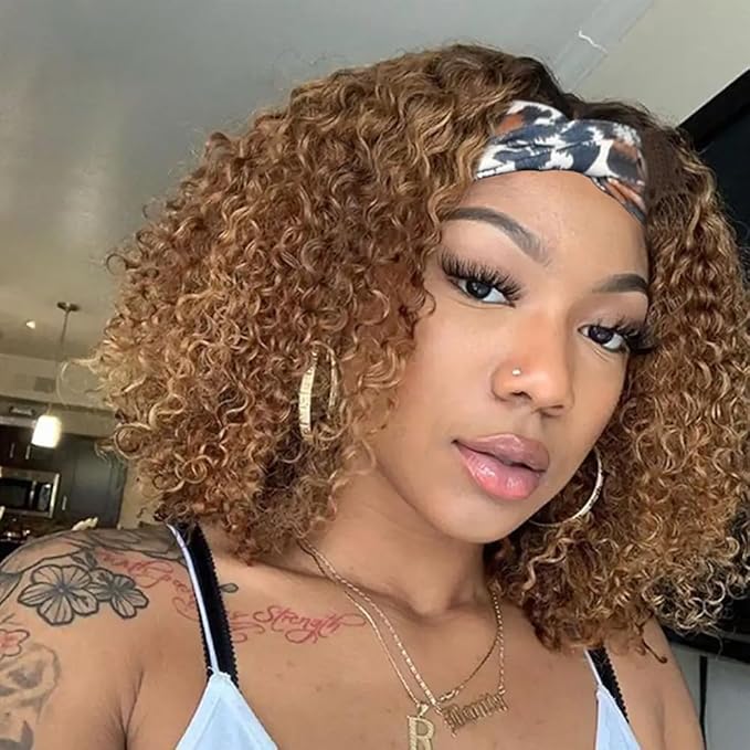 Smoothair Ombre Highlight Headband Wig Human Hair 4/27 Kinky Curly Headband Wig for Black Women 16 Inch None Lace Front Wigs Glueless Wear and Go 150% Density