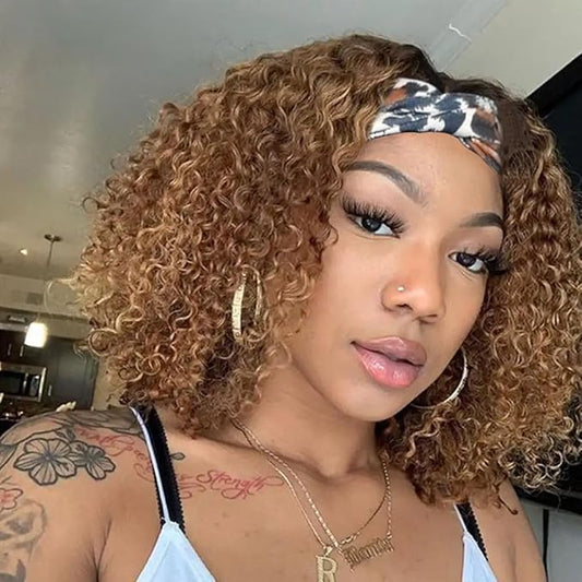 Smoothair Ombre Highlight Headband Wig Human Hair 4/27 Kinky Curly Headband Wig for Black Women 14 Inch None Lace Front Wigs Glueless Wear and Go 150% Density