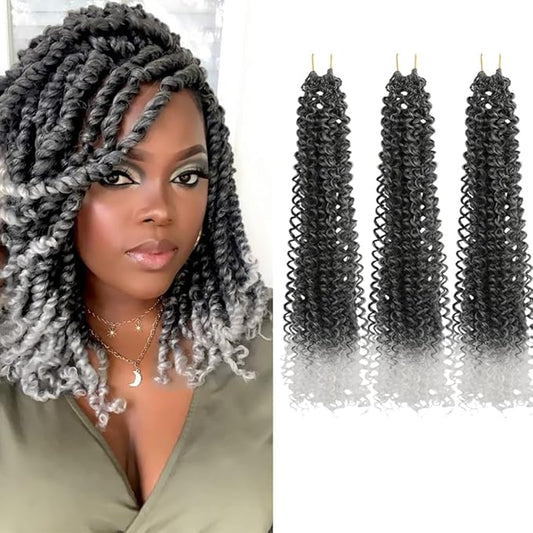 Passion Twist Hair Extensions Black to White Curly Crochet Hair 12 Inch Short Curly Braiding Hair 3 Packs Ombre Crochet Braids with Curls for Black Women(12",1B60)