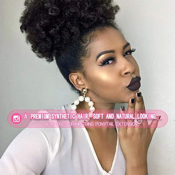 rosmile Afro Puff Drawstring Ponytail Extension for Black Women, Premium Dark Brown 2# 80gram Short Synthetic Afro Puff Ponytail for Natural Hair, Clip On Kinky Drawstring Curly Ponytail Bun