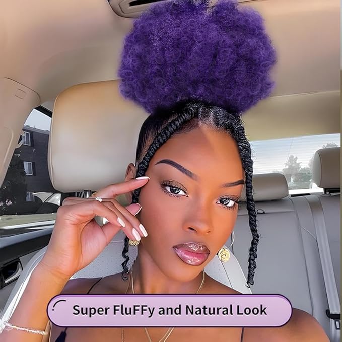 YEAME Short Kinky Curly Synthetic Afro Puff Drawstring Ponytail for Black Women and Girls (2404 Purple)