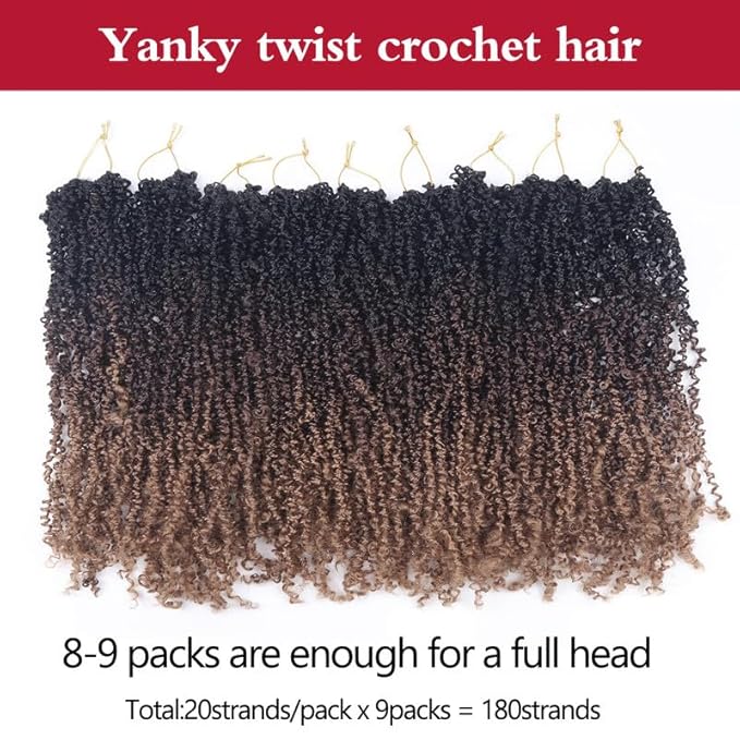 Yanky Twist Crochet Hair, PILLUGER Yaki Twists Hair Micro Spring Twist Braids,9 Packs Pre-looped passion Twist Brown Senegalese With Curls Crochet Synthetic Hair Extensions（16-1B-4-30）