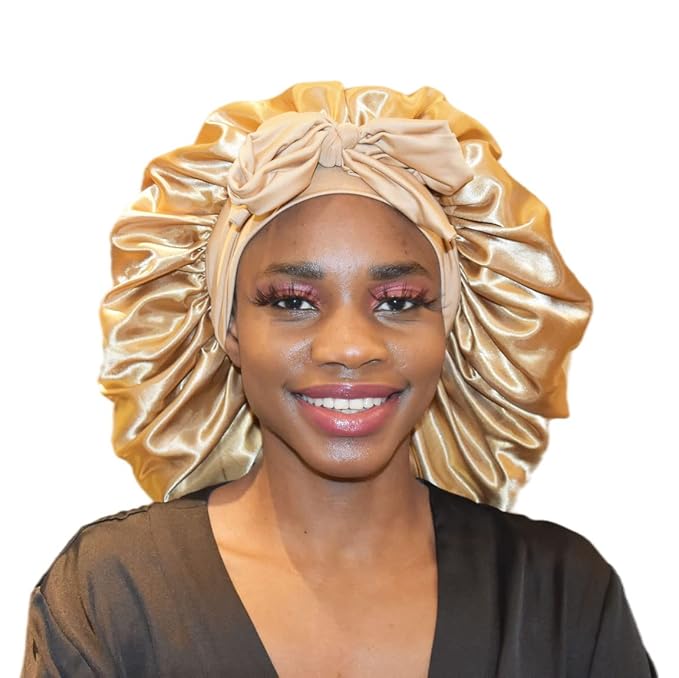 BONNET QUEEN Large Satin Silk Bonnet for Sleeping Women's Curly Hair - Big Night Sleep Cap Scarf Wrap with Tie Band - Yellow Gold