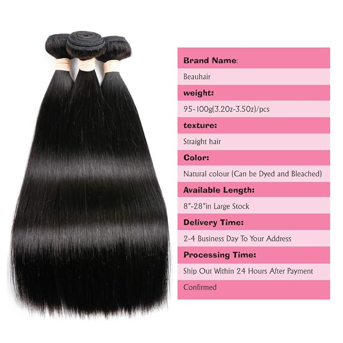 Straight 3 Bundles with Closure Virgin Hair Free Part (14 16 18 with 14inch), 100% Unprocessed Remy Brazilian Human Hair Extensions, Hair Weft Weave With Lace Closure, Natural Color