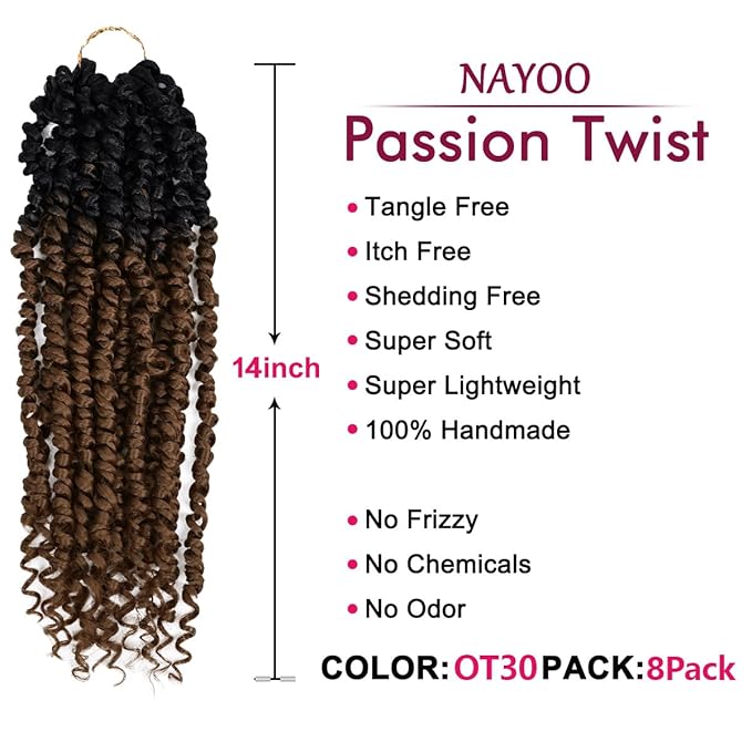 NAYOO Passion Twist Hair - 8 Packs 14 Inch Passion Twist Crochet Hair For Women, Crochet Pretwisted Curly Hair Passion Twists Synthetic Braiding Hair Extensions(14 Inch 8 Packs, OT30)