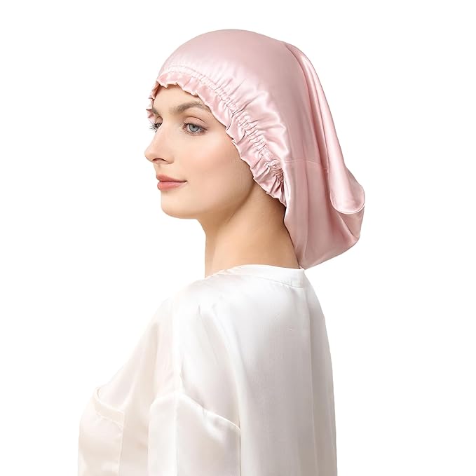 THXSILK 100% Mulberry Silk Bonnet for Sleeping Women, Silk Bonnet with Elastic Band, Hair Wrap Cap for Women Curly Hair, Pink