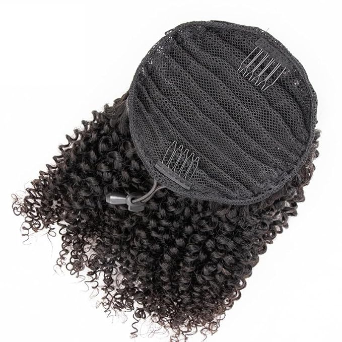 Afro Puff Kinky Curly Drawstring Ponytail Buns Natural Human Hair Pieces for Black Women,Girls,Kids 10 Inch #1B Natural Black