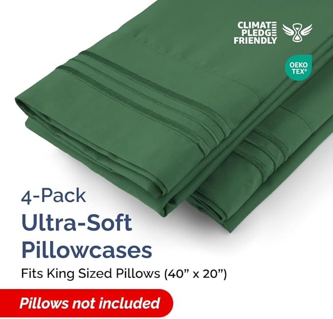King Pillow Cases Set of 4 - Ultra Soft Hotel Quality Pillowcase Covers - Comfy, Cozy & Wrinkle Free - Shrinkage and Fade Resistant - Machine Washable Pillow Protectors - 4 Piece Set - Emerald Green