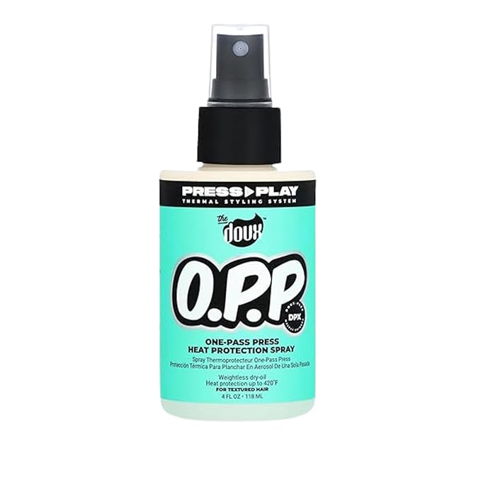 The Doux O.P.P. ONE‑PASS PRESS Heat Protection Spray for Hair – Thermal Protector with Jojoba Oil, Aloe & Pineapple – Anti‑Frizz Straightening Spray for Curly Hair & Silk Press Styles, 4 oz