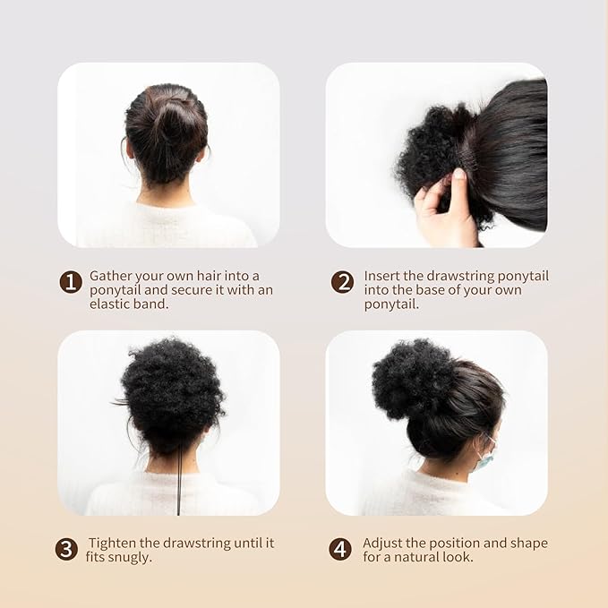 Human Hair Afro Puff Natural Real Ponytail Extension for Black Girls Women Short Kinky Curly Drawstring 4c Ponytail African American Cheer Fake Space Bun Medium Brown 6 Inch 40g