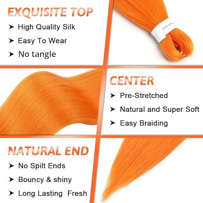 Umylar Orange Braiding Hair Extensions 16 Inch Pre stretched Braiding Hair Hot Water Setting Synthetic Braiding Hair Pre Stretched Crochet Braids Hair(16 Inch,3 Packs,Orange#）