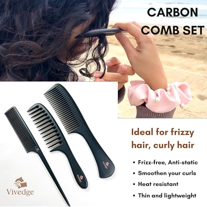 VIVEDGE| Carbon Comb Set for Curly Hair | Anti Static Frizz-free Detangling Wide Tooth Parting Combs with Premium Hair Acccessories for Styling | Gift set for loved ones(Pink-Light Yellow)