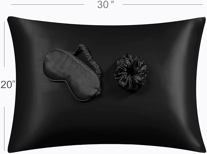 Satin Pillowcase Set - 2 Black Queen Size Pillowcases, 1 Eye Mask, 1 Scrunchie - Premium Silky Satin for Hair and Skin Protection, Hydrating and Reducing Friction