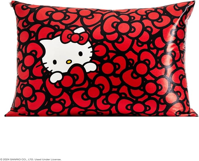 Kitsch x Hello Kitty Pillow Case – Sea of Bows Toddler Bed Time Satin Pillowcase with Zipper – Soft Cooling Pillow Cover for Hair & Skin – Better Than Silk Pillowcase – Queen/Standard 19x26