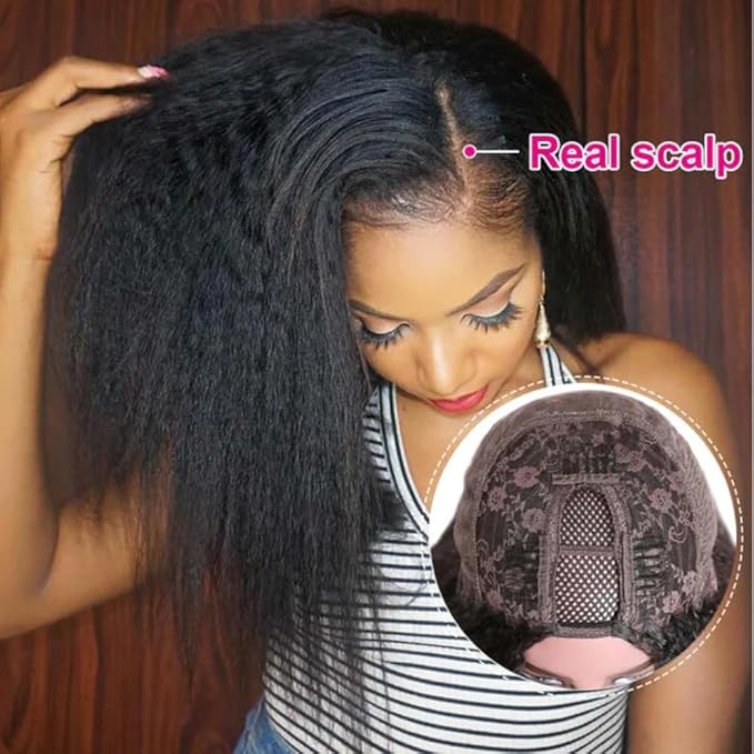 Julia Hair U Part Human Hair Wigs for Women 12A Kinky Straight Braizlian Human Hair Glueless Upart Wig No Glue No Sew in Beginner Friendly 180% Density No Lace Yaki Hair Wig 16 Inch