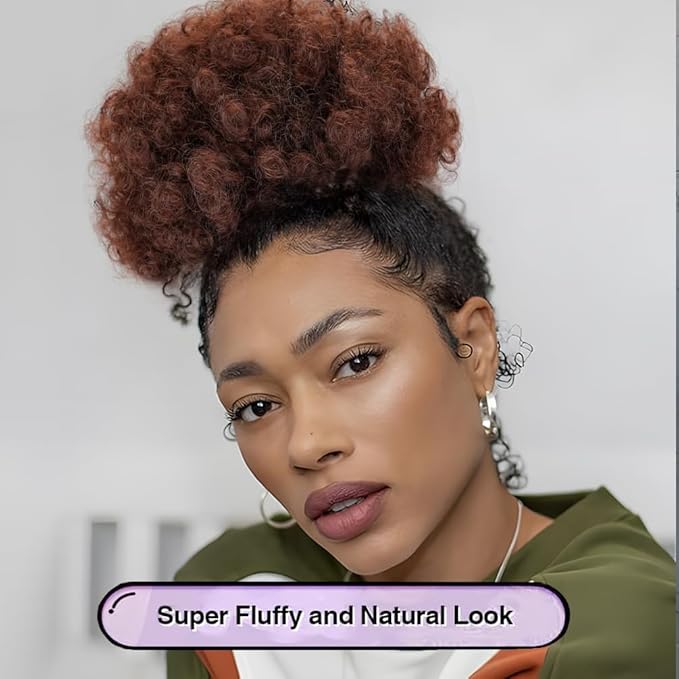 YEAME Afro Puff Drawstring Ponytail for Black Women, Short Kinky Curly Afro Ponytail Synthetic Hair Puffs, Premium Auburn Brown Afro Bun Drawstring Ponytail for Women Girls (33 Auburn Brown)