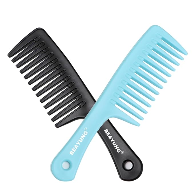 2 PCS Large Wide Tooth Comb, Shower Combs for Women, Curly Hair Brush, Detangling Comb, Hair Styling, Hairdressing Tool (1Black,1Blue)