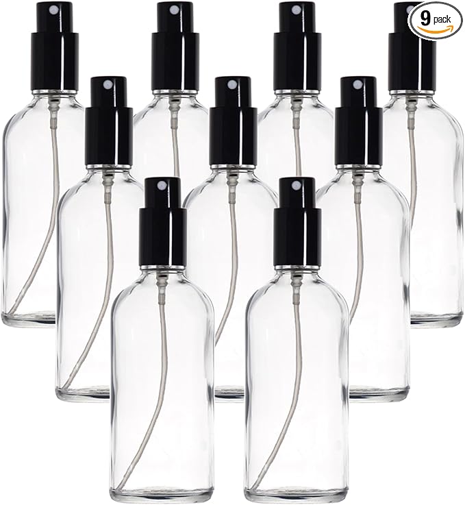 YIZHAO Clear Glass Spray Bottles 4oz, with Small Fine Mist Spray, Metal Cap, Refillable for Essential Oil,Travel,Cleaning,Perfume,Aromatherapy,Makeup – 9 Pcs