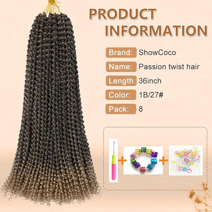 ShowCoco Passion Twist Hair 36 Inch 8Packs Water Wave Crochet Hair Extensions Long Bohemian Braiding Hair (36inch,#T27)