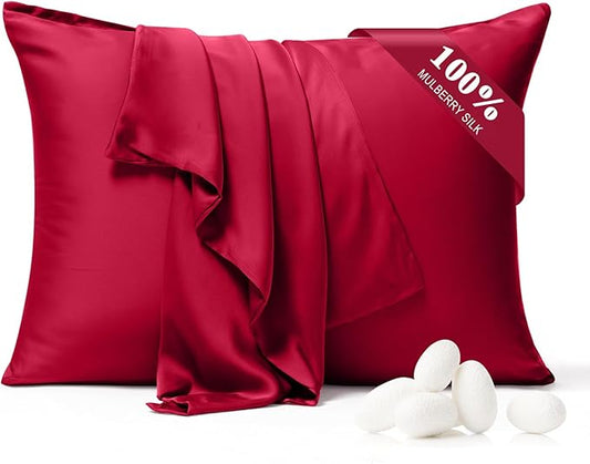 100% Pure Silk Pillowcase 2 Pack for Hair and Skin, Both Sides 23 Momme Grade 6A+ Mulberry Silk Pillowcases with Hidden Zipper, Soft&Smooth Cooling Pillow Cases (Red, Queen 20x30)