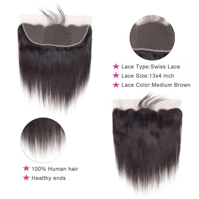 Brazilian Virgin Straight Human Hair 3 Bundles with Frontal 13x4 Ear to Ear Lace Frontal 100% Unprocessed Brazilian Remy Virgin Human Hair Straight Bundles with Frontal For Black Women(24 26 28+22)