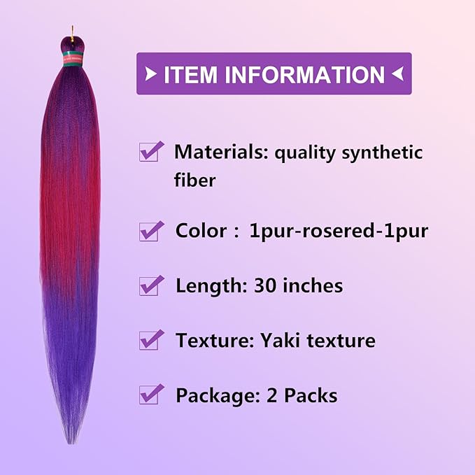Purple/Rose/Purple Pre stretched Braiding Hair 2 Packs Pre feathered Braid Hair Extensions 30 Inches Synehetic Hair Braids