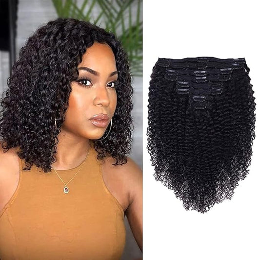 Curly Clip In Extension Human Hair 3C 4A Kinky Curly Clip Ins Full Head for Black Women Brazilian Remy Human Hair Natural Color 8Pcs with18clips 120g/Set (14 inch, curly wave)