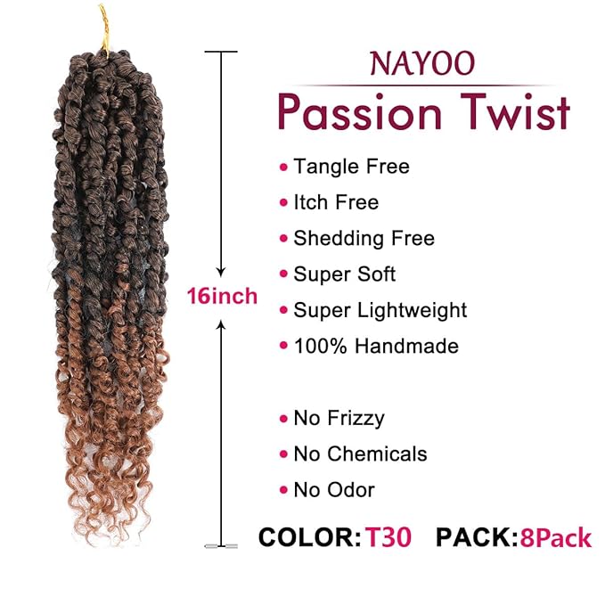 NAYOO Passion Twist Hair - 8 Packs 16 Inch Water Wave Crochet Hair,Passion Twist Crochet Hair For Women Long Passion Twists Synthetic Braiding Hair Extensions(16 Inch 8 Packs,T30)