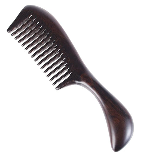 Onedor Handmade 100% Natural Black Sandalwood Hair Combs - Anti-Static Sandalwood Scent Natural Hair Detangler Wooden Comb (Round Handle Wide Tooth)