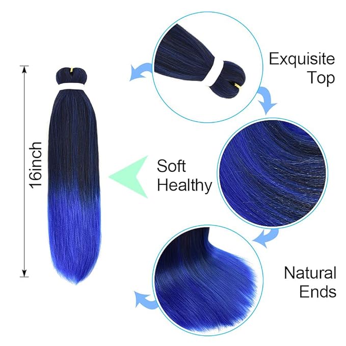 8 Pack Ombre Braiding Hair Pre Stretched - 16" 55G/Pack Premium Pre Stretched Braiding Hair Extensions, Professional Itch Free Perm Yaki Texture Prestretched Hair(1BBlue)