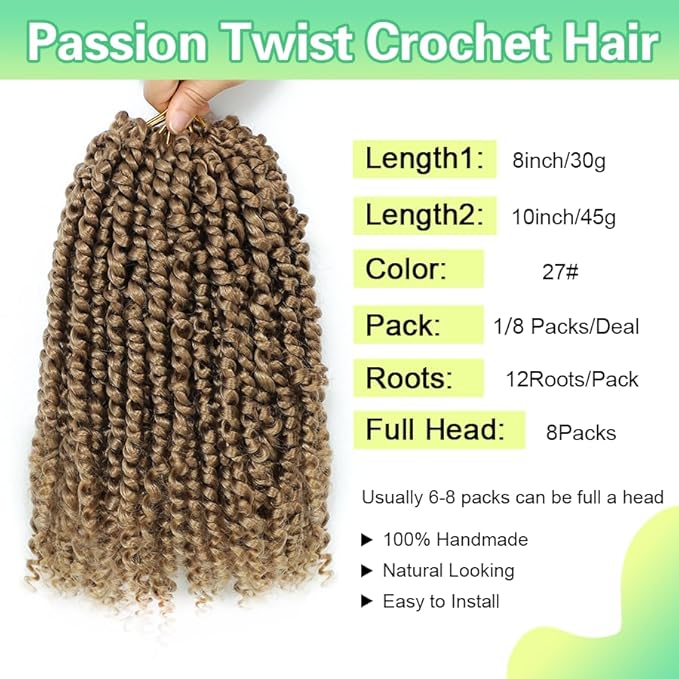 Passion Twist Crochet Hair 10 Inch Passion Twist Hair 8 Packs Pre-Twisted Passion Twist Crochet Hair for Black Women Soft Passion Twist Curly Crochet Hair 10"(Pack of 8) 27#