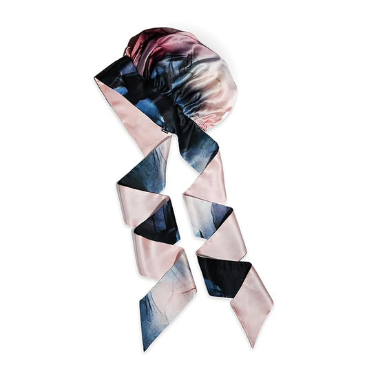 100% Mulberry Silk Bonnet with Ties – Adjustable 19 Momme Double-Layer Reversible Hair Wrap – Stay-On Sleep Cap for Women, Curly Hair, Natural Hair Care – Handmade in USA (Blue & Blush)