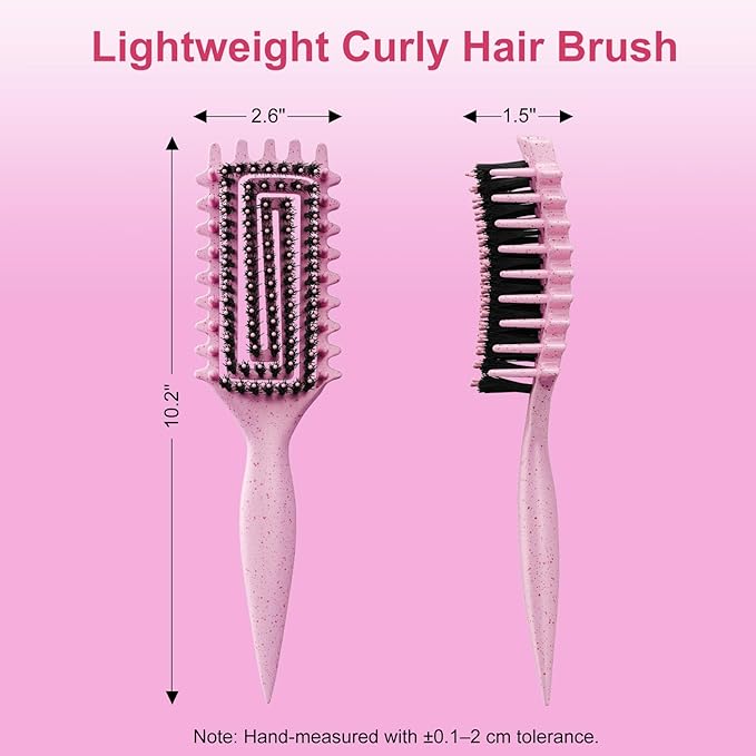 2-Pack Curly Hair Brush, Curl Defining Brush with Soft Boar Bristles Detangling Tangled Glides, Wide-Teeth Design Effortlessly Shaping & Defining Curls, Curling Definer for Wet & Dry Hair(Pink Purple)