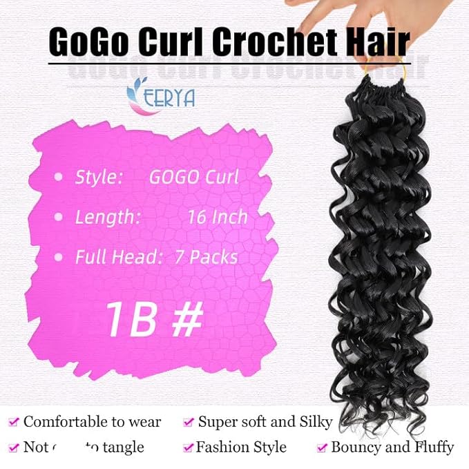 7 Packs GoGo Curl Crochet Hair 16 Inch Short Curly Crochet Hair for Women Deep Wave Beach Curl Crochet Braids Synthetic Braiding Hair Extensions(16 Inch, #1B)