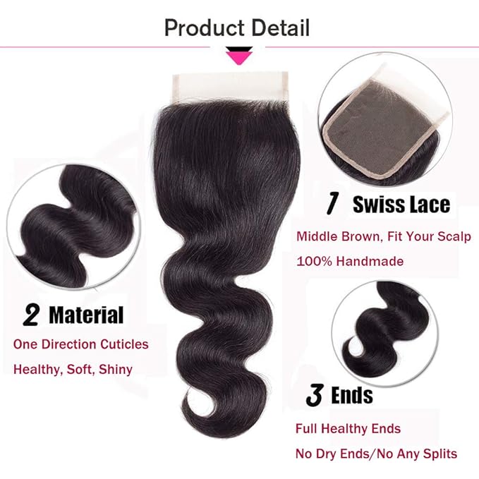 Amella Hair 8A Brazilian Body Wave Bundles with Free Part Closure (20 22 24+18 Closure)100% Unprocessed Human Hair Bundles with Closure Natural Black Color