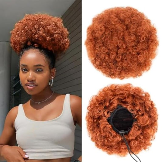 YEAME Afro Puff Drawstring Ponytail for Black Women, Short Kinky Curly Synthetic Hair Puffs, Purple Bun for Women Girls (Dark Orange)