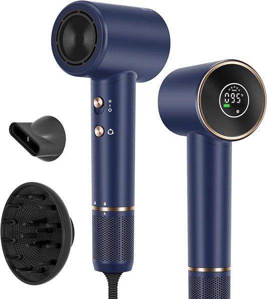 Hair Dryer, PARWIN PRO BEAUTY Fast Drying Blow Dryer with Diffuser, 110,000 RPM High Speed Hair Dryer with HD Display, 200 Million Negative Ions for Frizz Smoothing, 2 Speeds & 3 Temps, Prussian Blue
