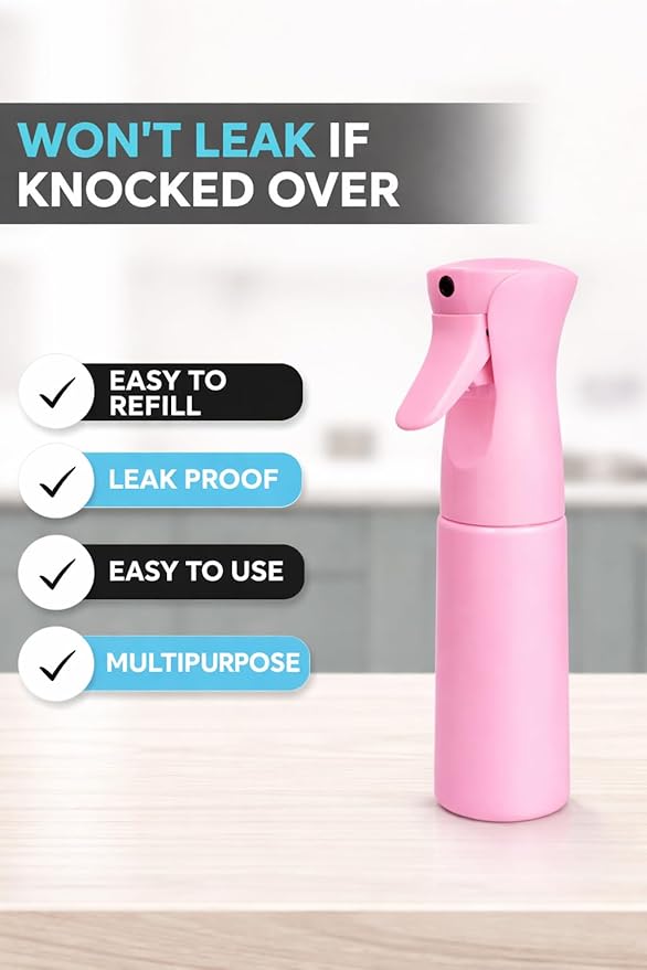 Hula Home Continuous Spray Bottle for Hair (10.1oz/300ml) Empty Ultra Fine Plastic Water Mist Sprayer – For Hairstyling, Cleaning, Salons, Plants, Essential Oil Scents & More - Pink