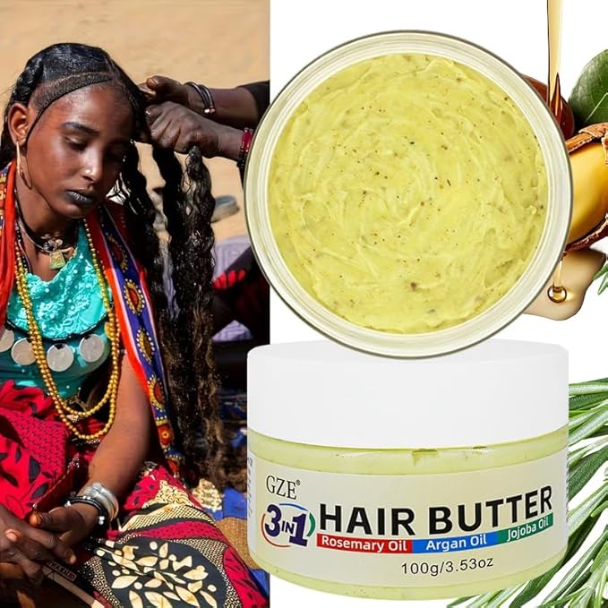 GZE 3 IN 1 Hair Growth Butter with Rosemary Oil, Argan Oil & Jojoba Oil | Intense Moisturizing & Nourishing for Dry, Damaged & Curly Hair | Revitalizing Hair Grease for Frizz Control & Shine