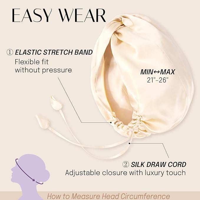OLESILK Silk Bonnet for Sleeping Women: 100% Mulberry 22 Momme Silk, Adjustable Fit for Night Hair Care, No Frizz for Curls, Champagne