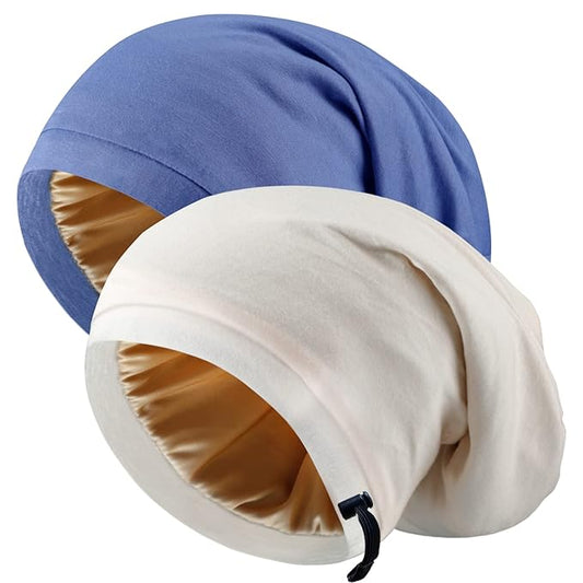 Silk Satin Bonnet Hair Wrap for Sleeping, 2 Pcs Adjustable Silk Bonnets for Women & Men, Night Caps